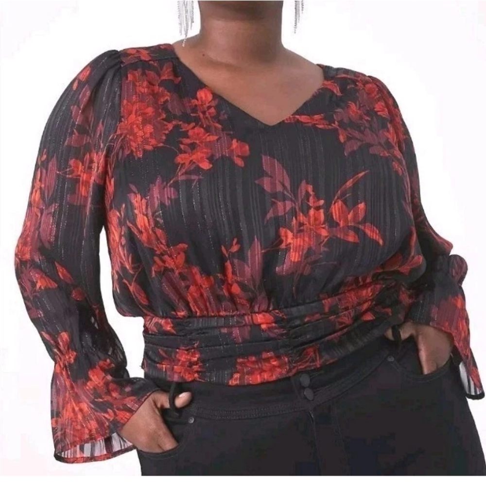 Lane Bryant Cropped Blouse Woman Plus 22 Black Red Floral Sheer Bell Sleeve Nwt
